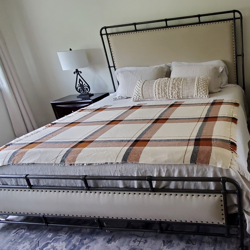 We Three Weavers Handwoven 100% Wool Cream/Black/Terra Cotta Plaid Throw Blanket